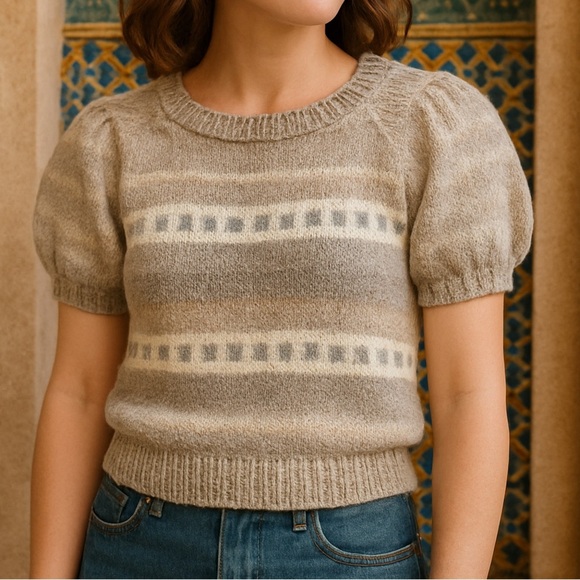 Vintage Handknit Ramie Blend Short Sleeve Sweater Women Medium Casual NWT - Picture 2 of 7